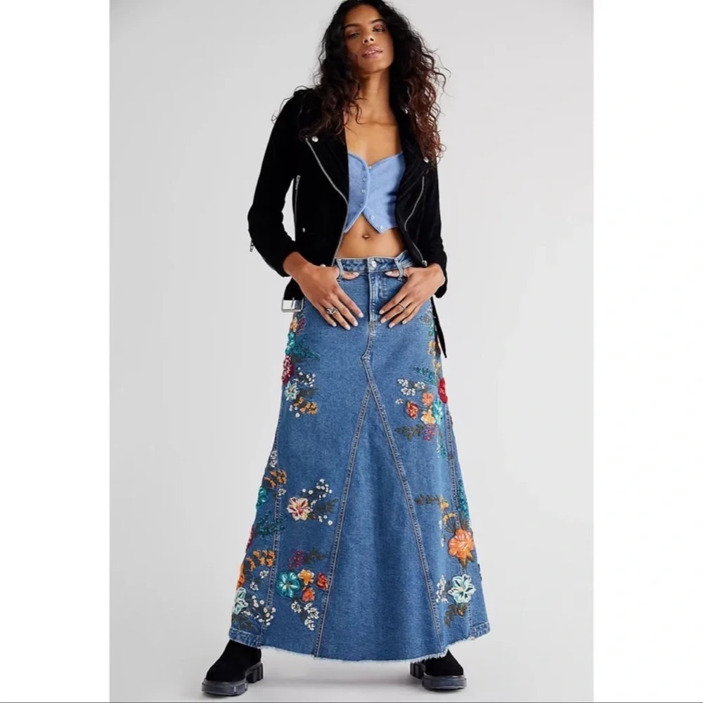 NEW Free People x Driftwood Embroidered Denim Maxi Skirt Size 29 - Picture 14 of 14